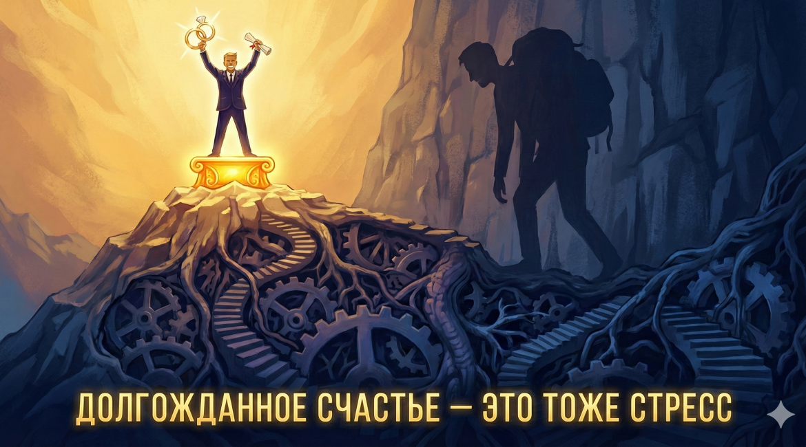 Концептуальная иллюстрация: человек на вершине успеха (свадьба, карьера) радуется, но под ним открывается сложный лабиринт новых обязанностей и стресса адаптации. Метафора "шока приспособления".